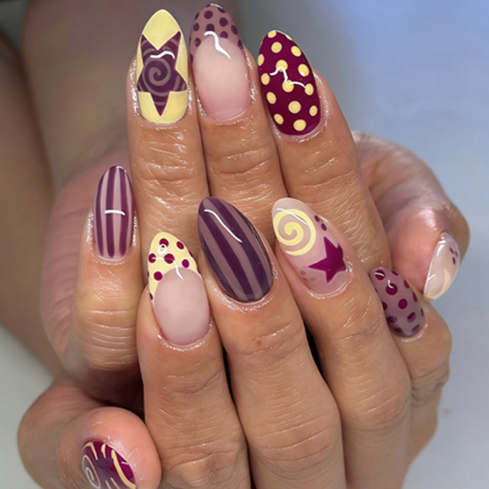 Whimsical Wonderland Medium Almond Purple Polka Dot and Striped Press On Nail Set