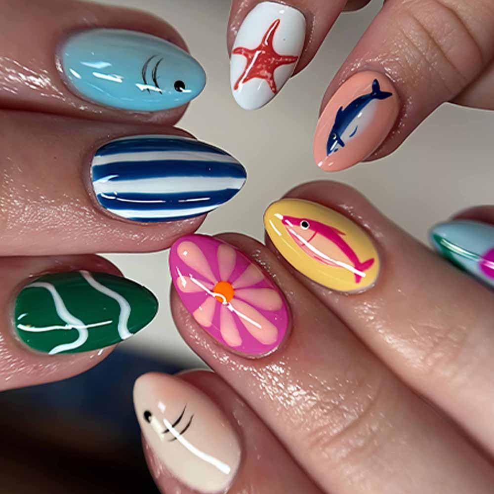 Ocean Vibes Medium Almond Colorful and Fun Themed Press On Nail Set