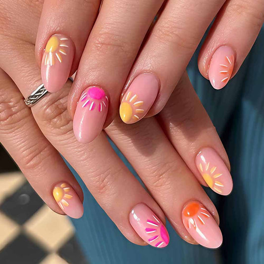 Sunny Delight Short Oval Pink with Cheerful Sun Designs Press On Nail Set