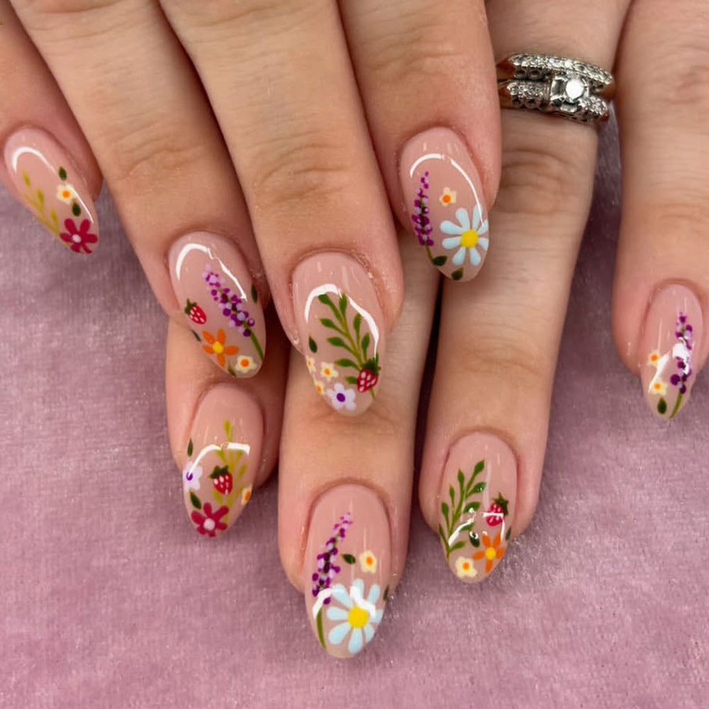 Floral Dream Medium Almond Beige with Colorful Botanical Art Press On Nail Set