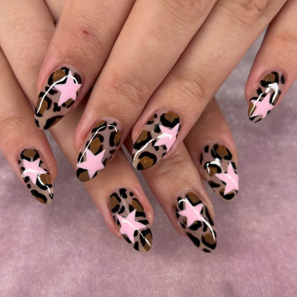 Starry Safari Medium Almond Brown and Pink Animal Print Press On Nail Set