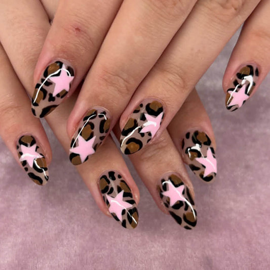 Starry Safari Medium Almond Brown and Pink Animal Print Press On Nail Set