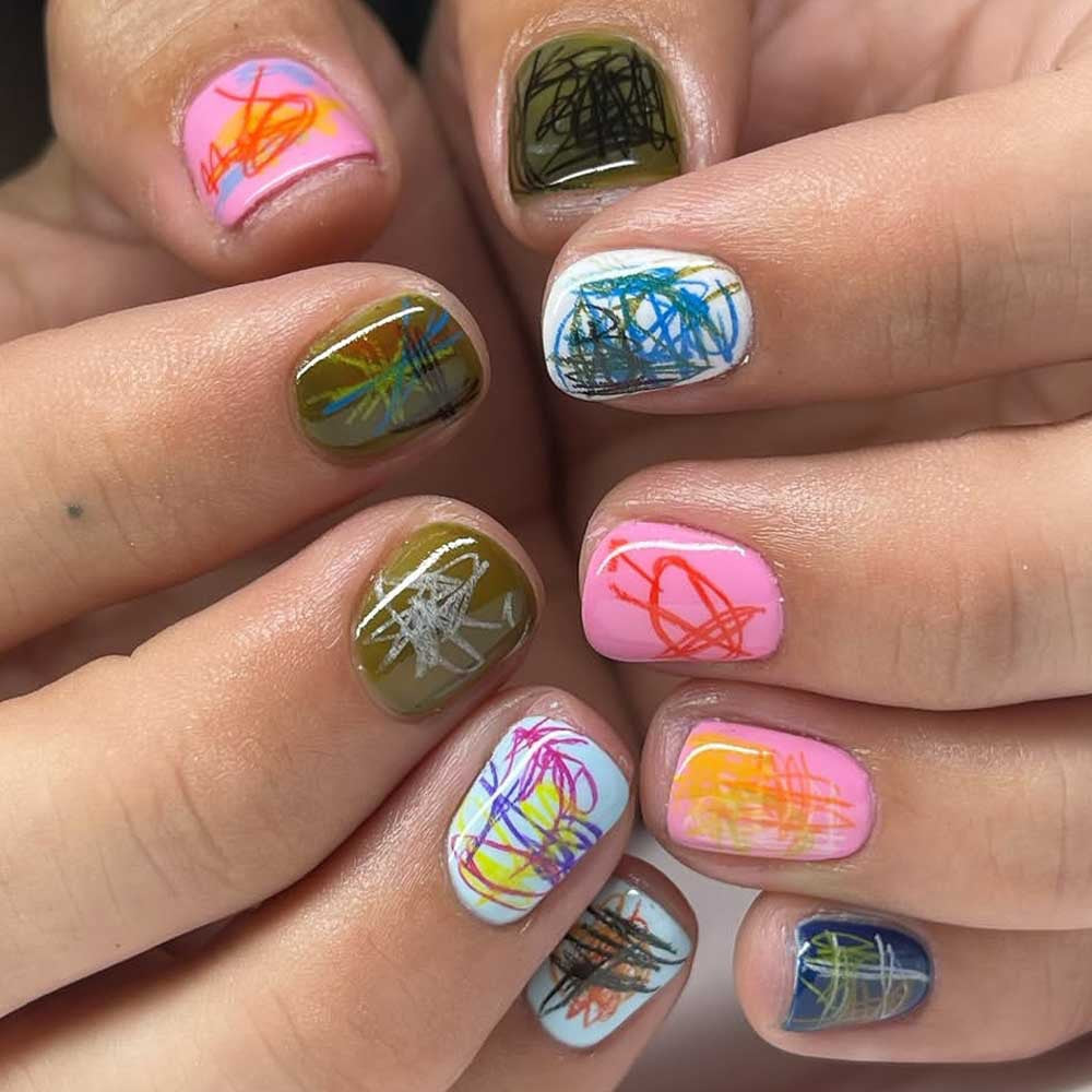 Artistic Short Square Multicolor Scribble Press On Nail Set
