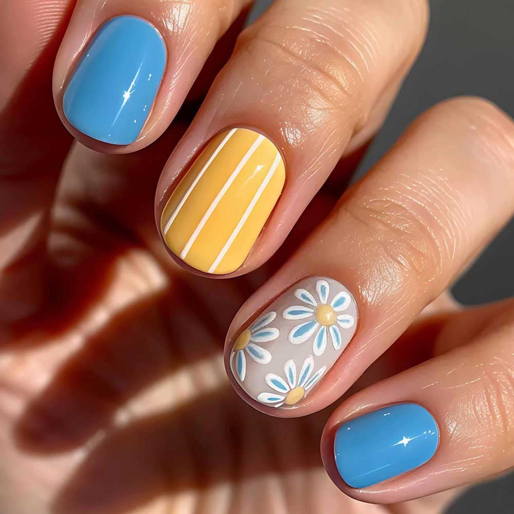 Sunshine Dream Short Squoval Blue with Floral Accents Press On Nail Set