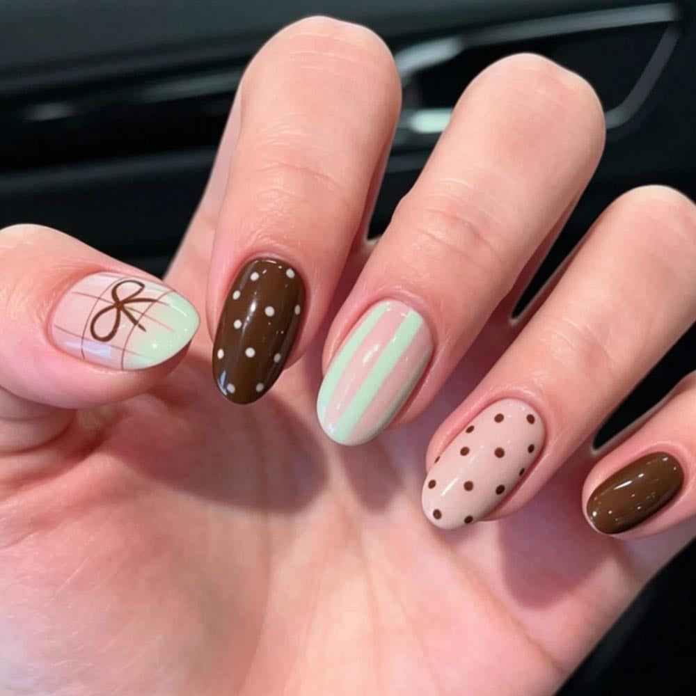 Chic Chocolate Dream Short Oval Mint Green and Brown Polka Dot Press On Nail Set
