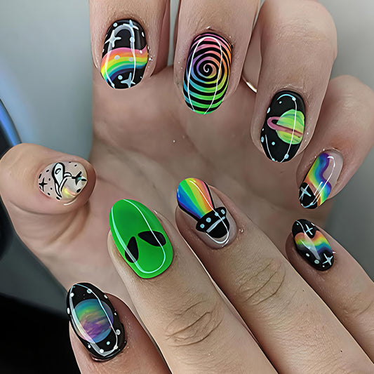 Galaxy Vibes Short Oval Rainbow Swirl Press On Nail Set