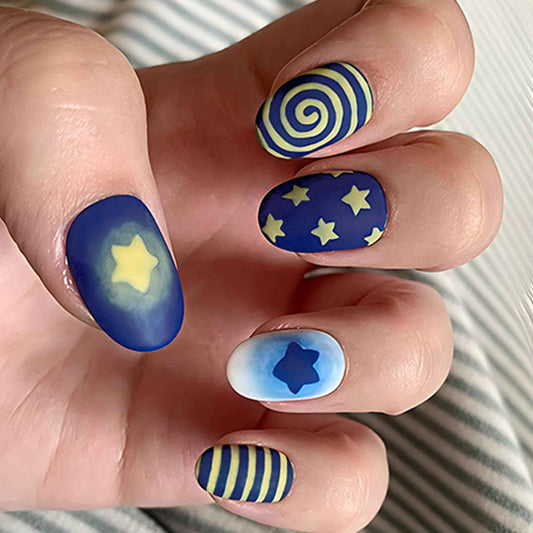 Starry Night Short Round Blue with Whimsical Patterns Press-On Nail Set