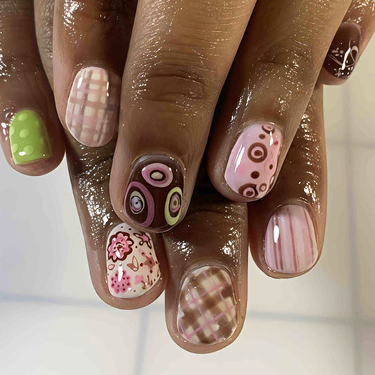 Whimsical Garden Short Squoval Pink and Green Patterned Press On Nail Set
