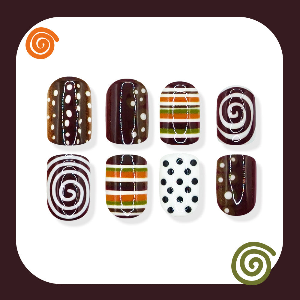 Bohemian Vibes Short Square Deep Burgundy with Funky Swirl and Dot Patterns Press-On Nail Set