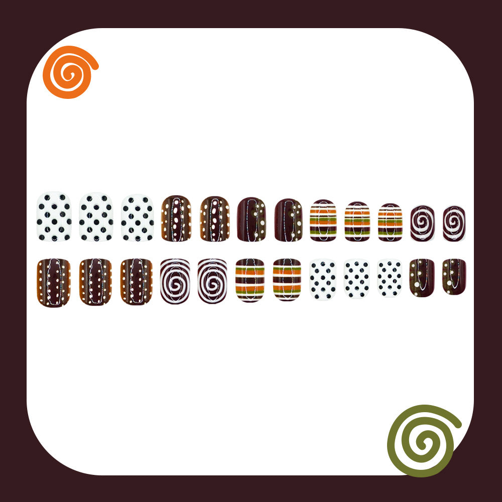 Autumn Vibes Short Square Brown with Whimsical Dot and Stripe Designs Press On Nail Set