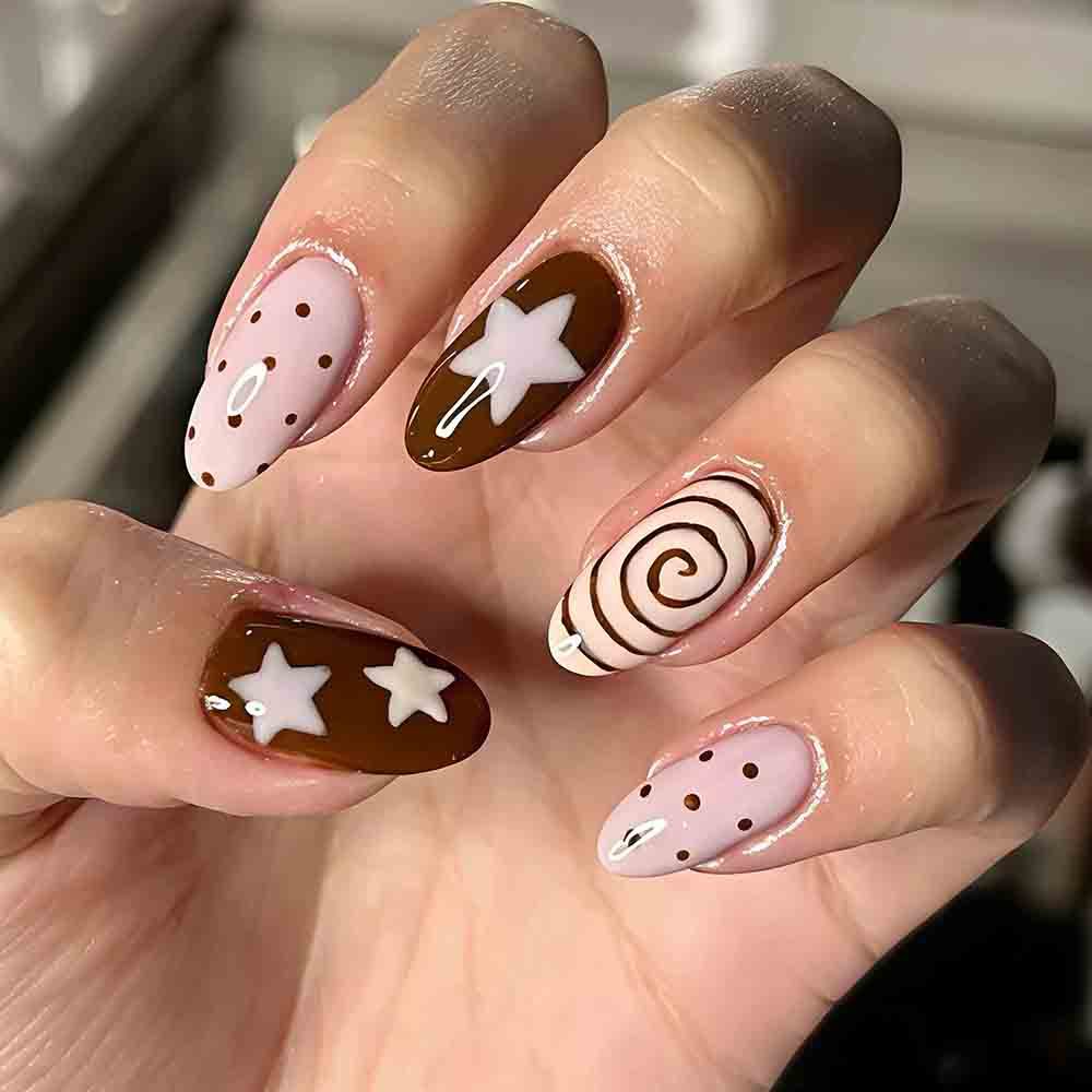 Sweet Treat Inspired Medium Oval Chocolate Brown and Pink Press On Nail Set with Whimsical Designs