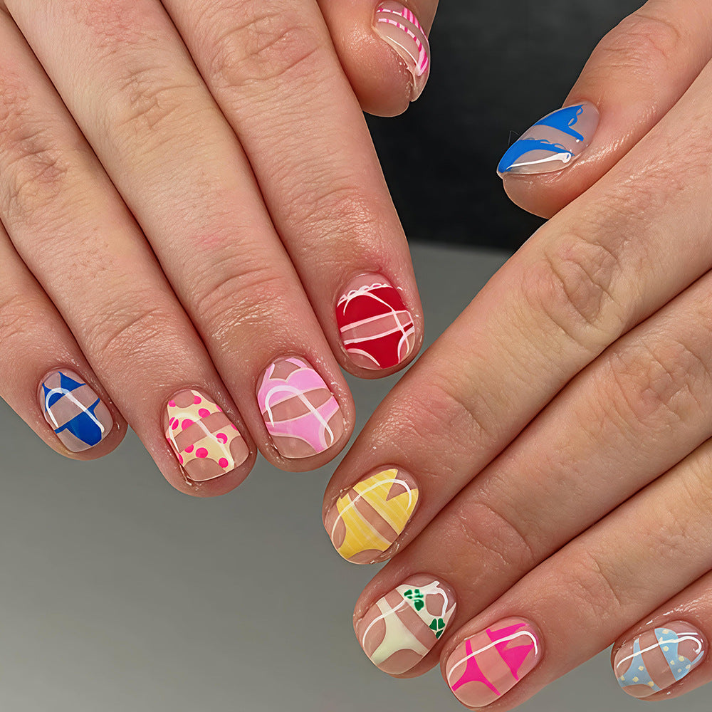 Whimsical Artistry Short Squoval Colorful Patchwork Press On Nail Set