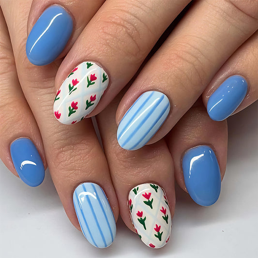 Spring Bloom Medium Round Bright Blue with Floral Accents Press On Nail Set