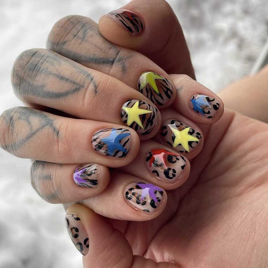 Wild Safari Short Squoval Colorful Star Press On Nail Set