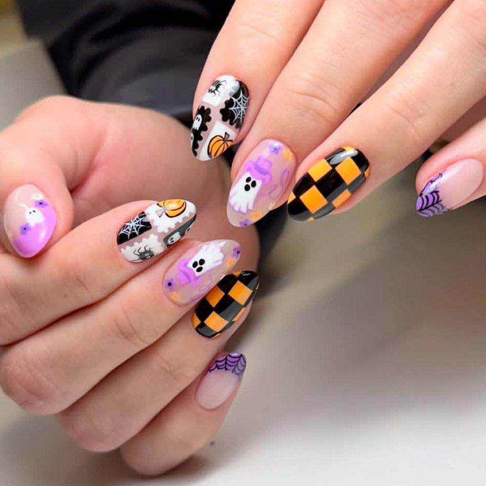Spooky Spirit Medium Oval Black and Orange Checkerboard Press on Nail Set