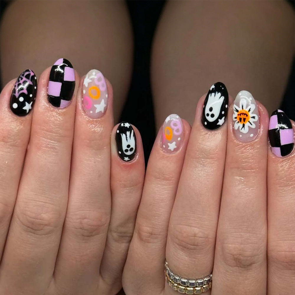 Whimsical Ghostly Vibes Medium Almond Black and White with Fun Artwork Press On Nail Set