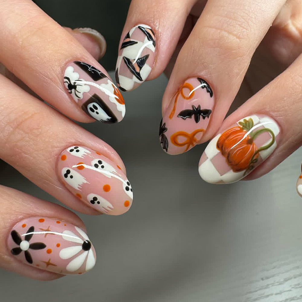 Spooktacular Medium Almond Orange Halloween Theme Press on Nail Set