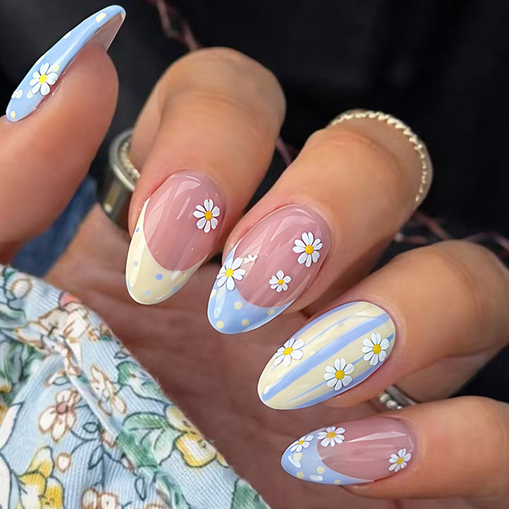 Whimsical Floral Charm Medium Almond Blue and Yellow Pastel Design Nail Set