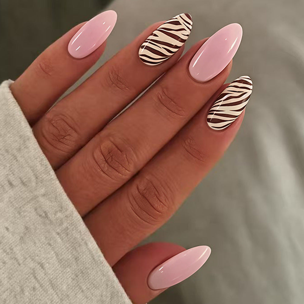 Safari Chic Medium Almond Pink and Zebra Pattern Press-On Nail Set
