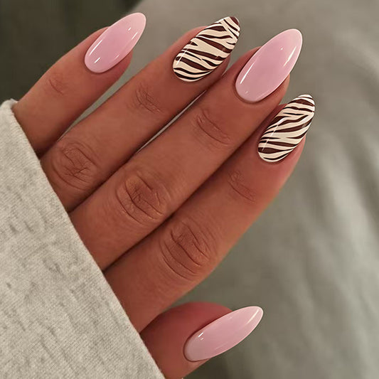 Safari Chic Medium Almond Pink and Zebra Pattern Press-On Nail Set