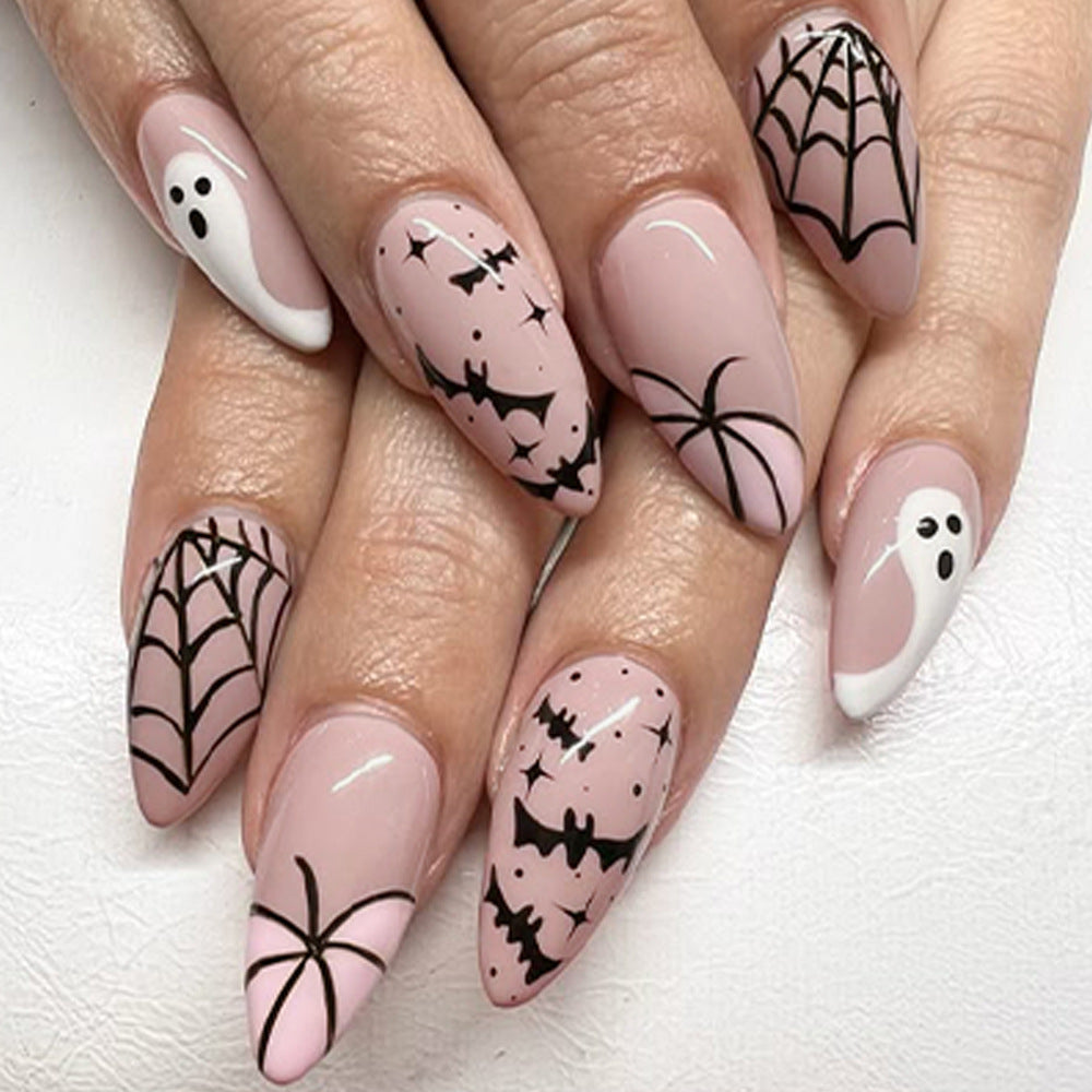 Spooky Almond Long Press on Nail Set with Ghost and Spider Design