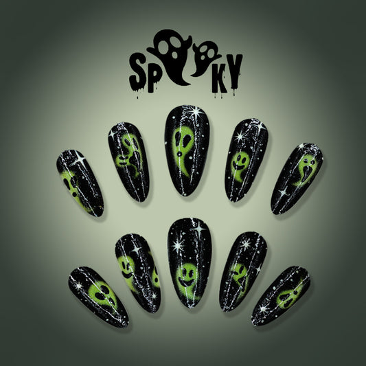 Spooky Medium Almond Black with Green Alien Design Press on Nail Set
