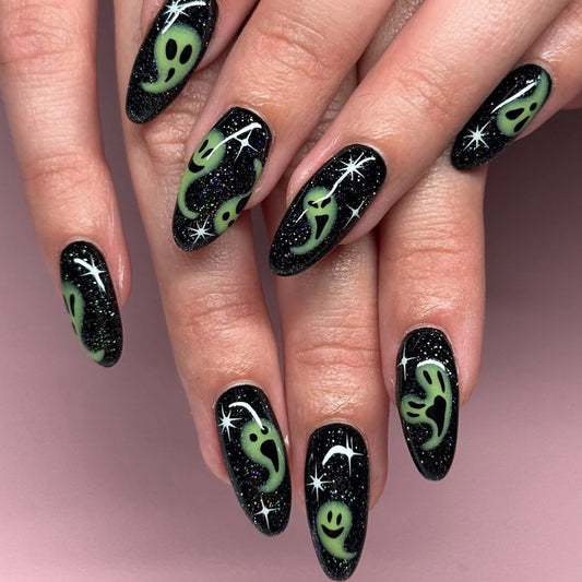 Spooky Glam Medium Almond Black and Green Ghost Nail Set with Sparkling Accents