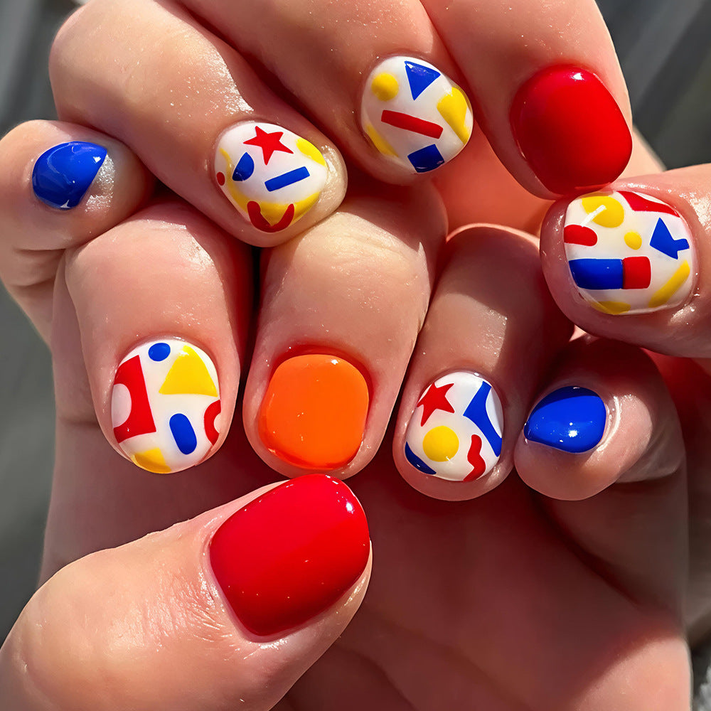 Vibrant Geometric Design Short Squoval Colorful Playful Nail Set
