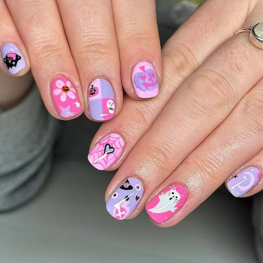 Whimsical Short Squoval Lavender Delight Press On Nail Set with Fun Cartoon Designs