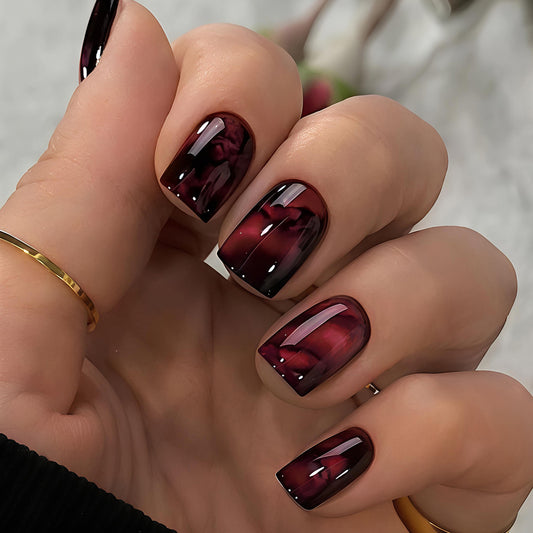 Mystical Velvet Short Square Deep Burgundy Marbled Press On Nail Set