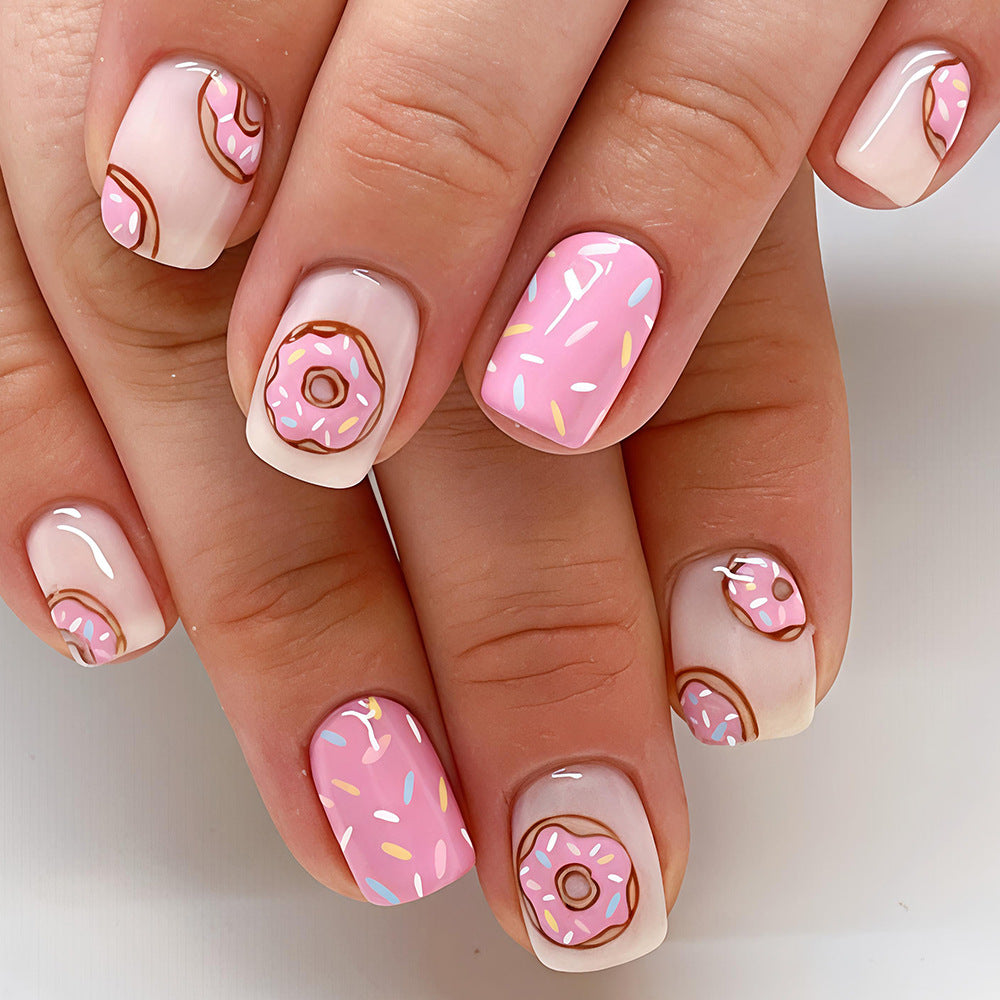Sweet Dreamy Short Square Pink Nail Set with Sprinkle Donut Design