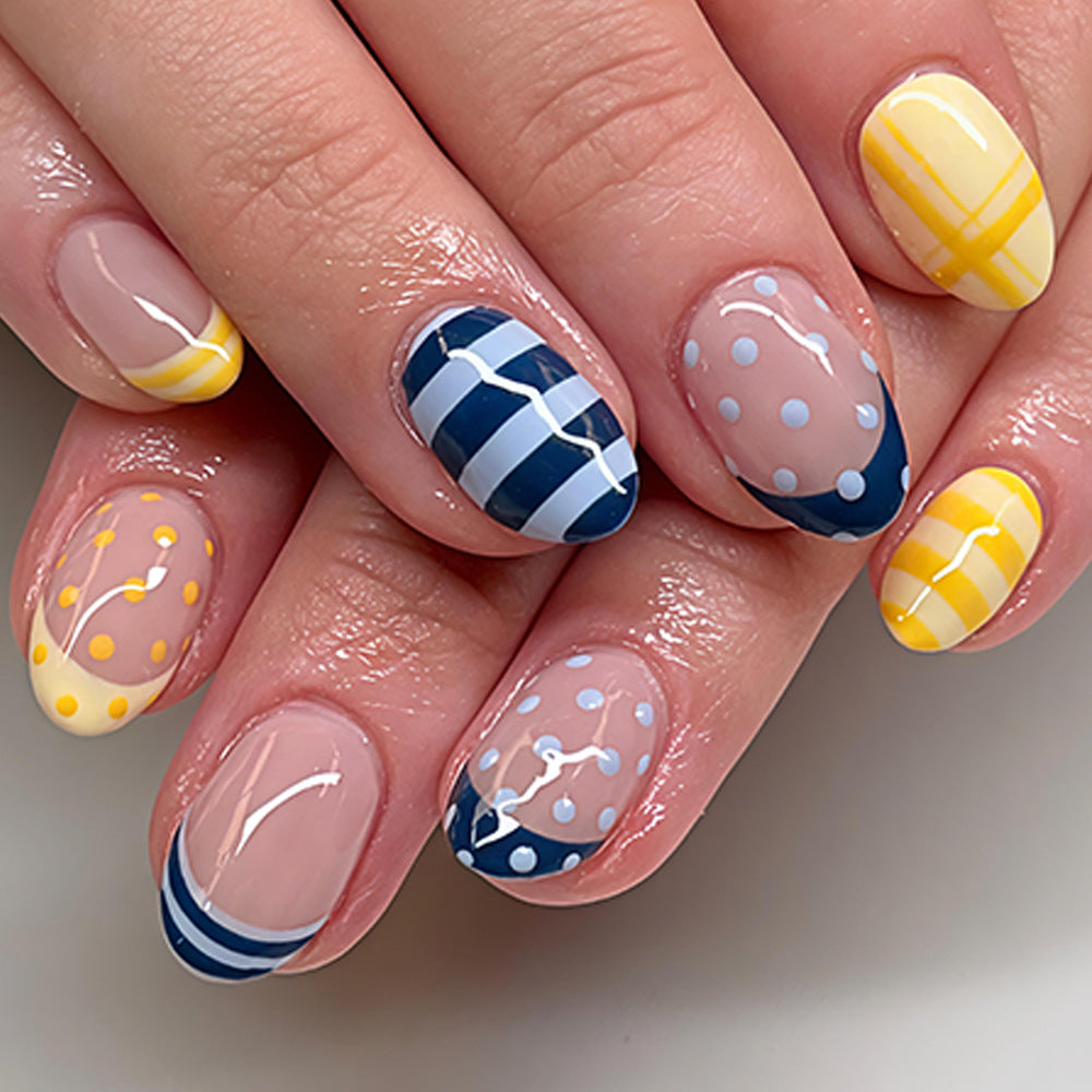 Sunny Day Medium Almond Blue and Yellow Patterned Press on Nail Set