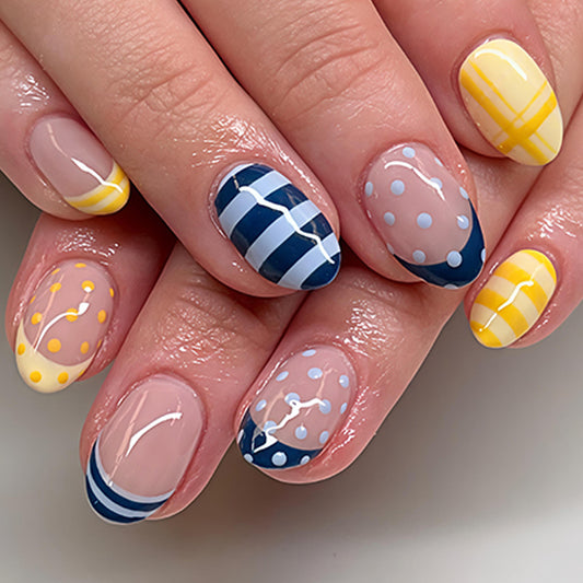 Sunny Day Medium Almond Blue and Yellow Patterned Press on Nail Set
