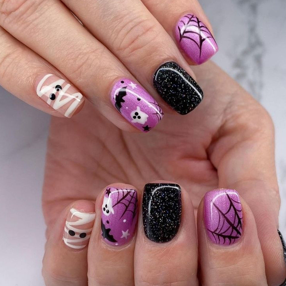 Spooktacular Short Square Purple with Halloween Themed Designs Press On Nail Set