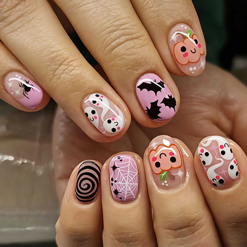 Spooky Vibes Long Oval Pink Ghost Themed Press On Nail Set