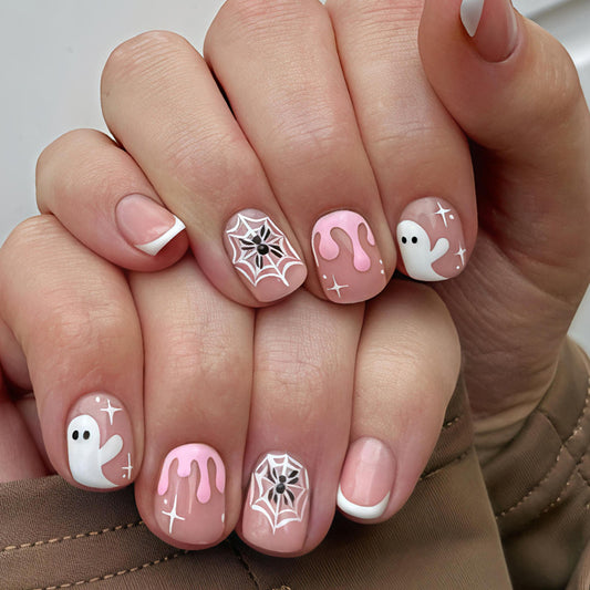 Spooky Glam Short Square Pink with Ghost and Spider Web Design Nail Set