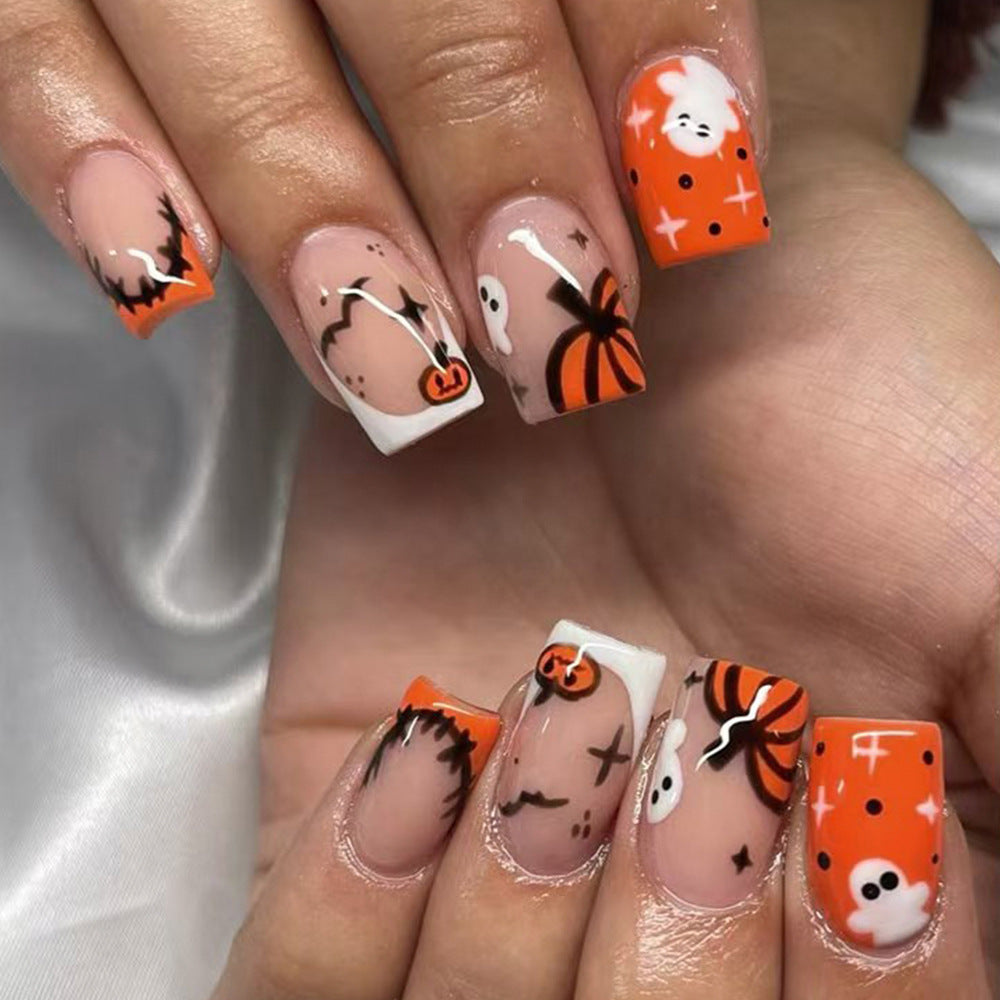 Halloween Vibes Short Square Orange with Spooky Designs Press On Nail Set