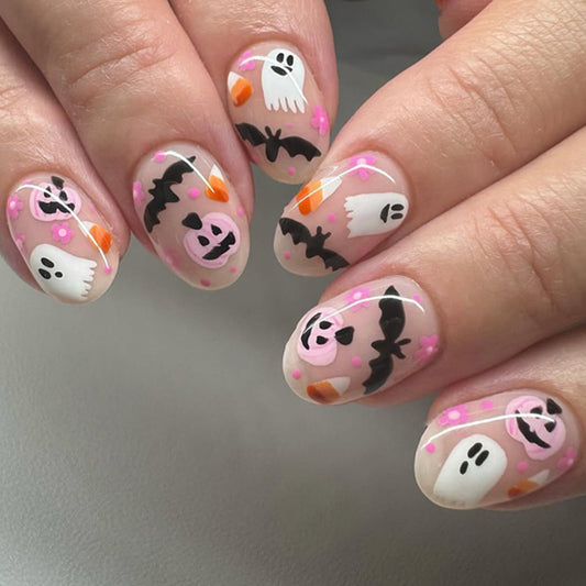 Spooky Halloween Medium Oval Pink Ghost and Bat Press On Nail Set