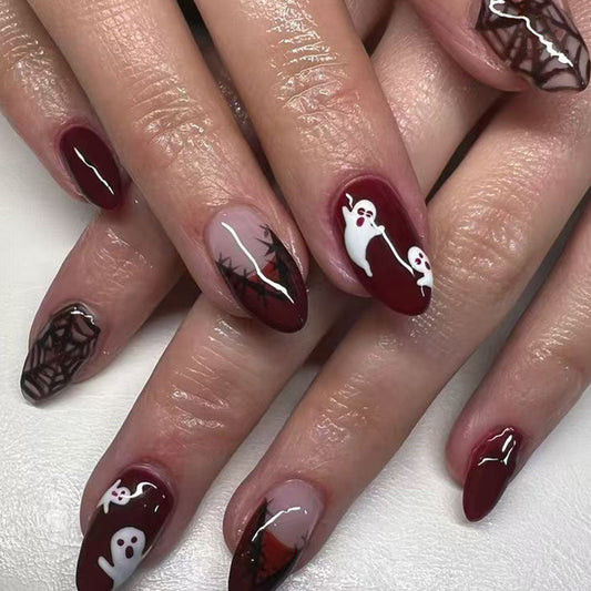 Spooky Halloween Short Almond Dark Red with Ghost and Spider Web Design Press-On Nail Set