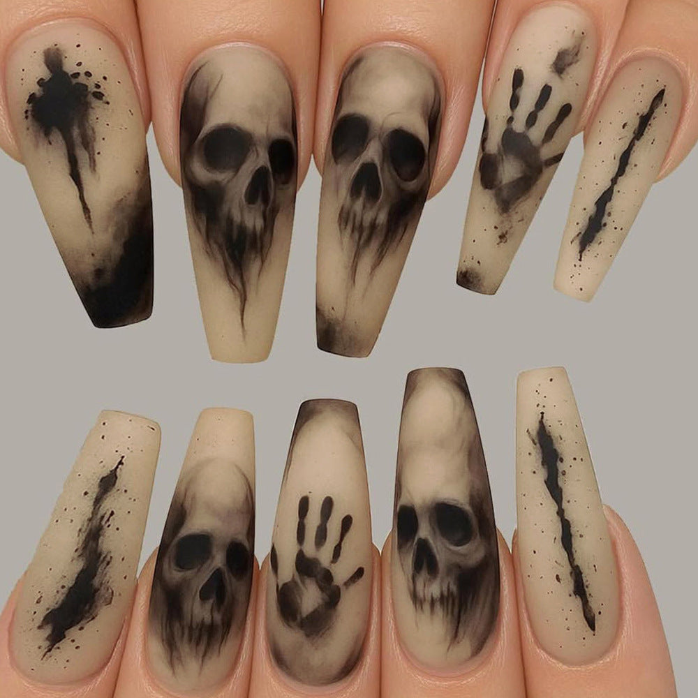 Spooky Elegance Long Coffin Black Skull Art Press On Nail Set