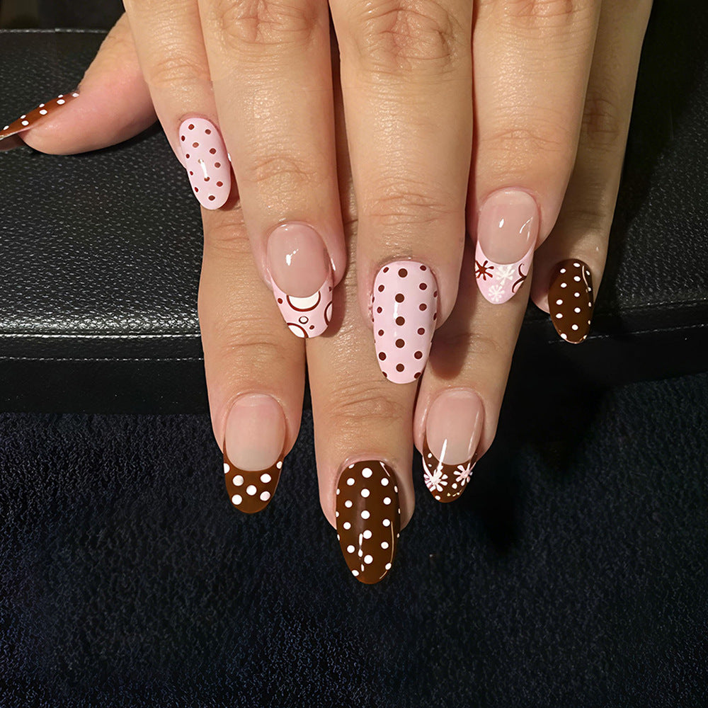 Chocolate Delight Medium Almond Pink and Brown Polka Dot Press On Nail Set