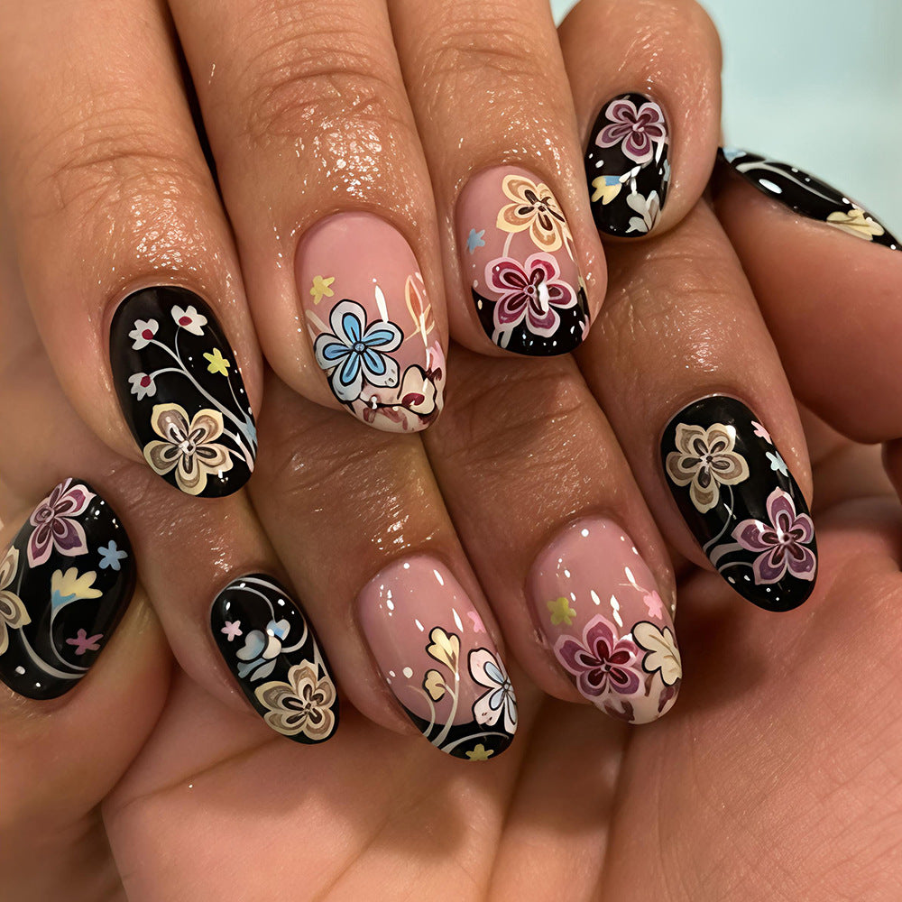 Flower Power Medium Oval Black and Pink Floral Design Press On Nail Set