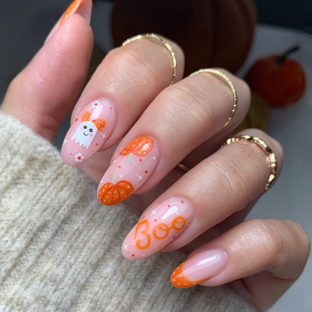 Spooky Autumn Medium Almond Peachy Ghost Nail Set