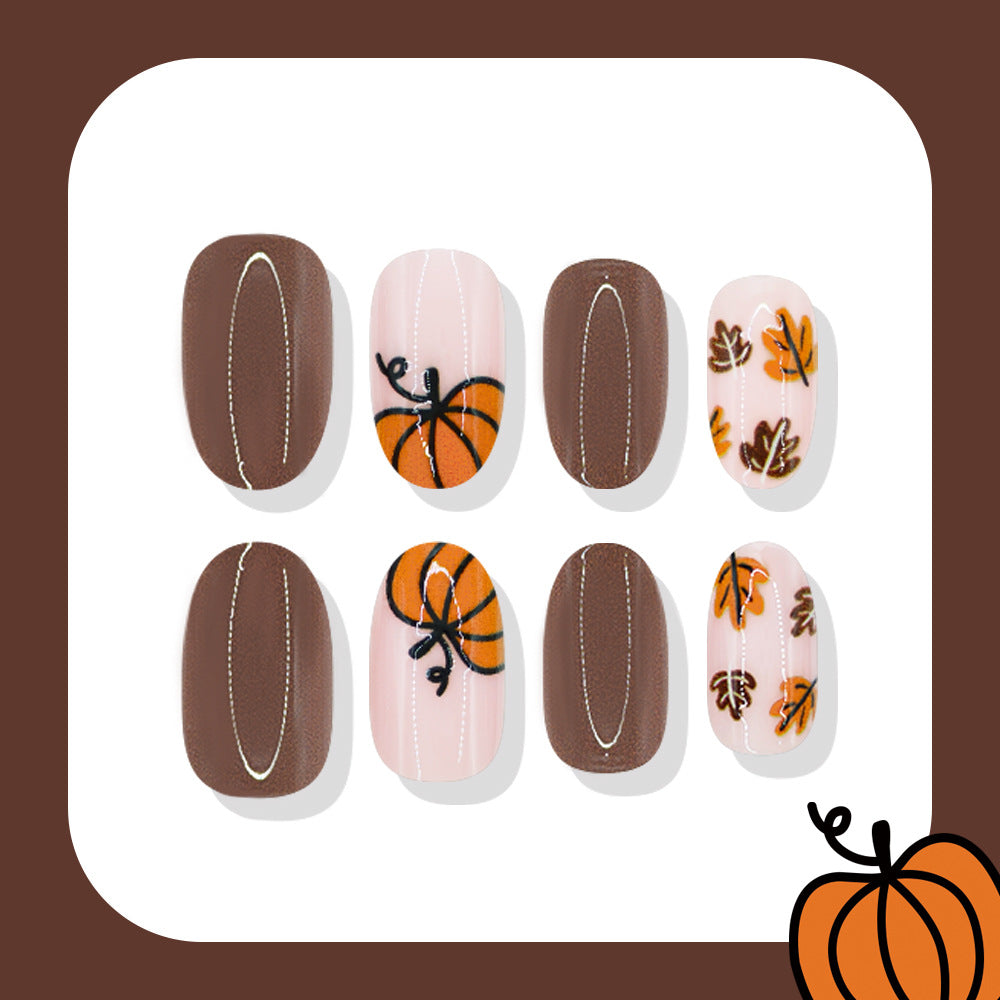 Autumn Charm Short Oval Chocolate Brown Press-On Nail Set with Pumpkin and Leaf Design