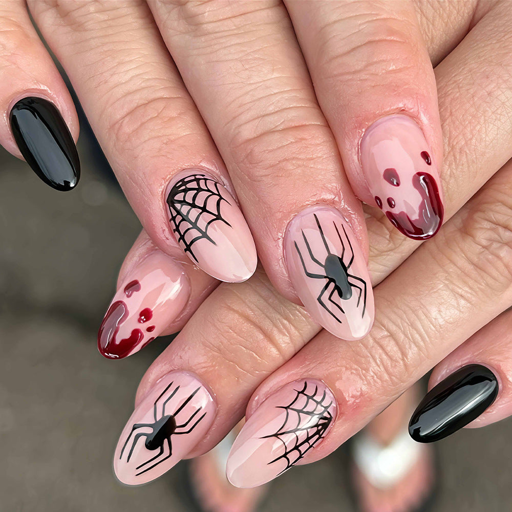 Spooky Vibes Medium Almond Black and Blood-Drip Press On Nail Set
