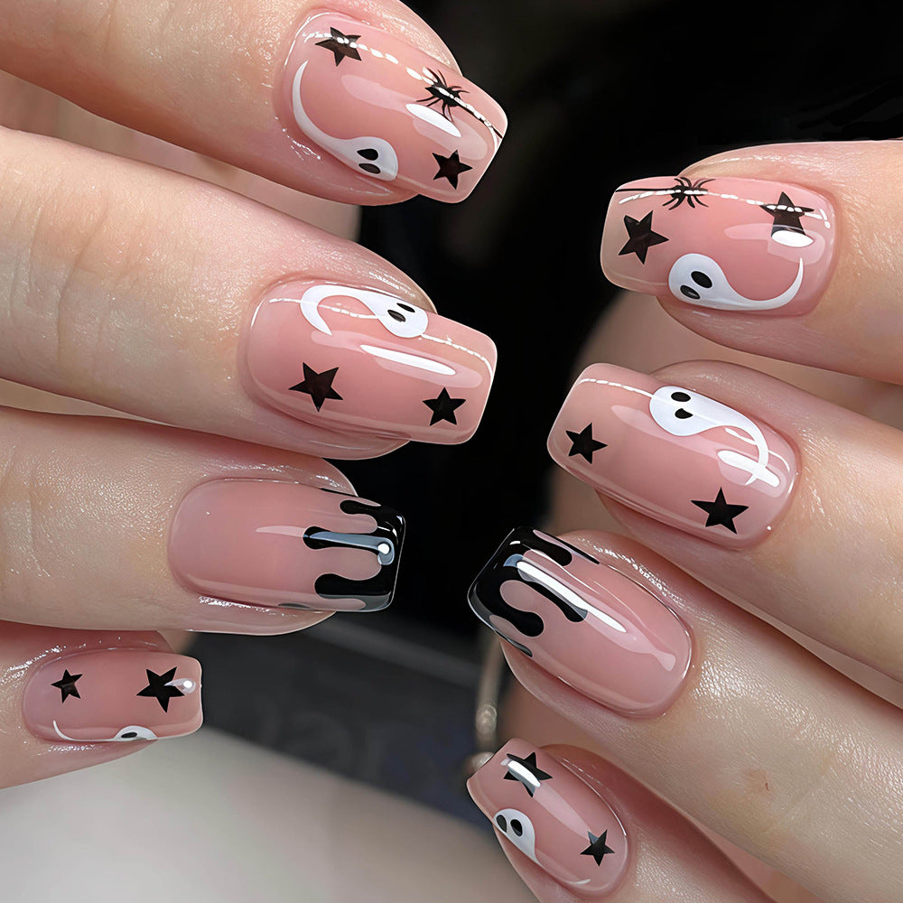 Spooky Chic Medium Square Pink with Black Drip Art Press on Nail Set