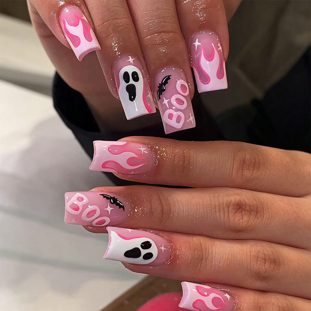 Spooky Flames Long Square Pink Press-On Nail Set with Ghost and Bat Design