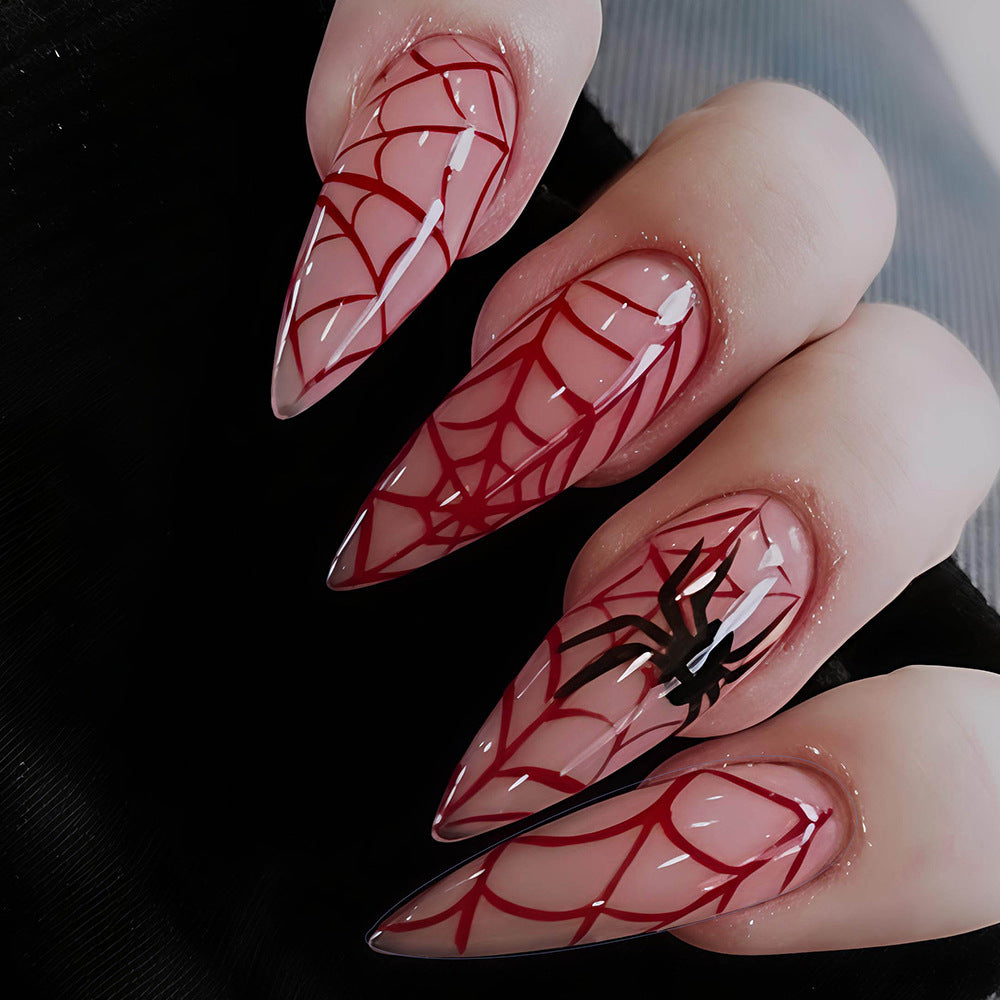 Haunting Elegance Long Almond Red Spiderweb Press On Nail Set