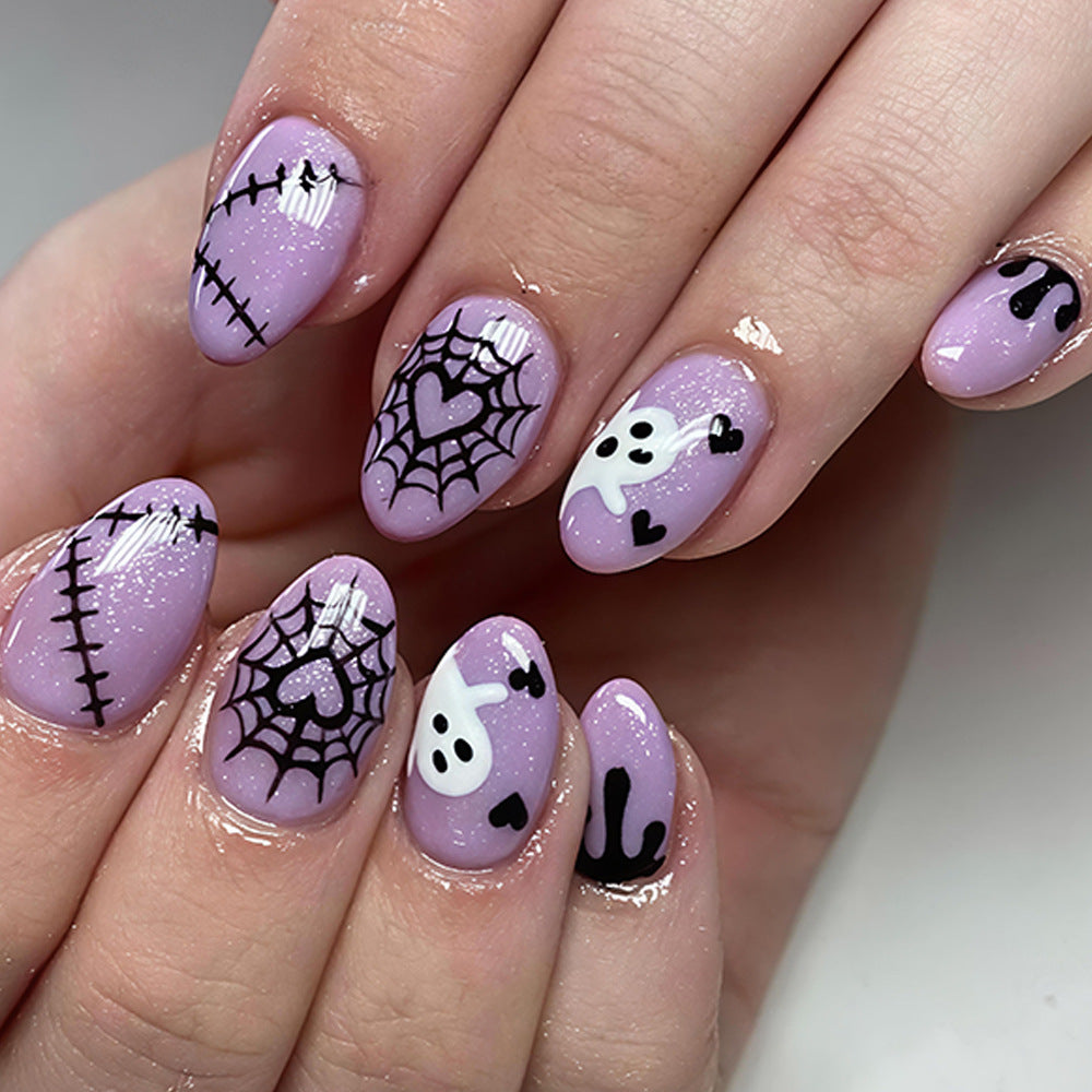 Spooky Vibes Short Almond Purple with Fun Ghost and Spiderweb Design Press On Nail Set