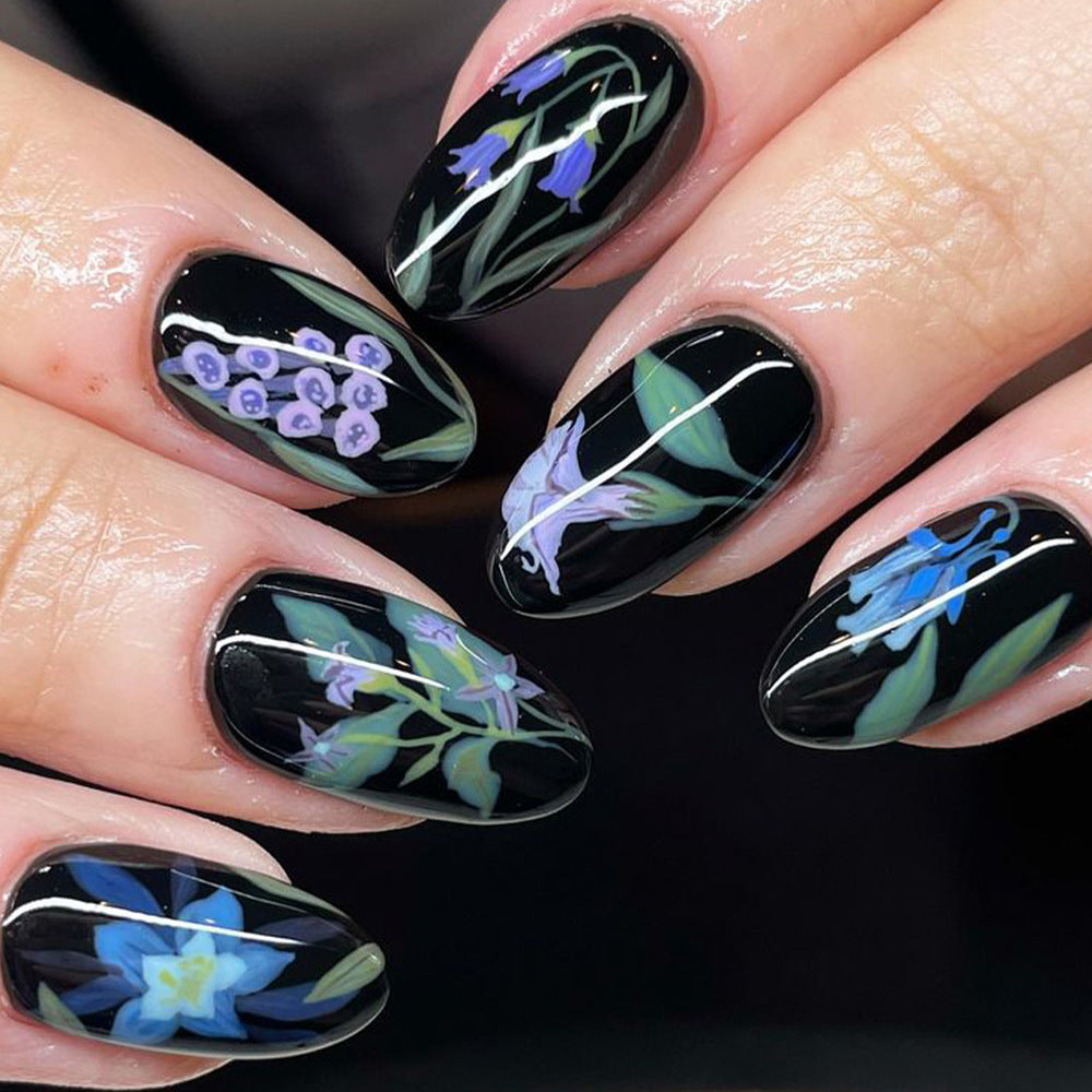 Floral Fantasy Medium Almond Black with Botanical Artwork Press on Nail Set